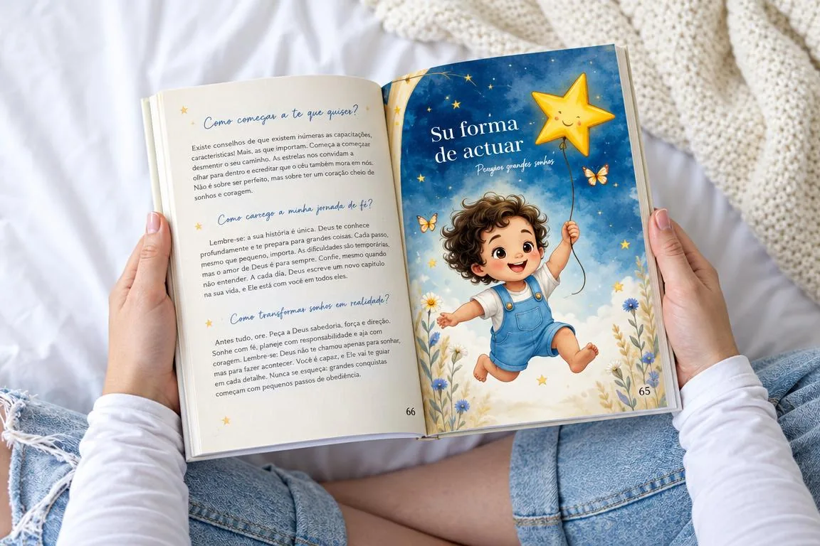 Manos sosteniendo el libro abierto por una ilustración de un niño con una estrella