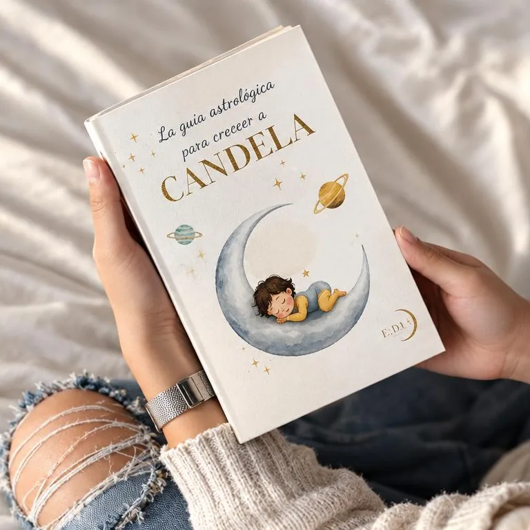 Manos sosteniendo sobre la cama el libro personalizado de Lunea con el nombre de la niña en la portada